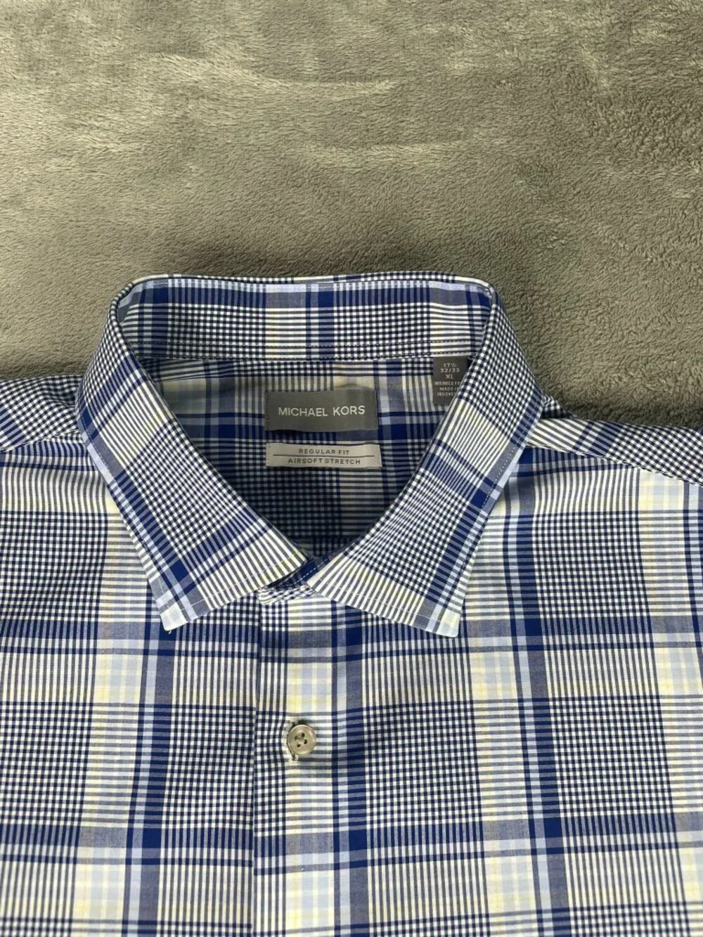 Michael Kors Men's XL Blue Plaid Airsoft Stretch Button Down Shirt Regular Fit